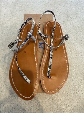 K Jacques Women’s Snake-Print Leather T-Strap Sandals - White/Black size 40